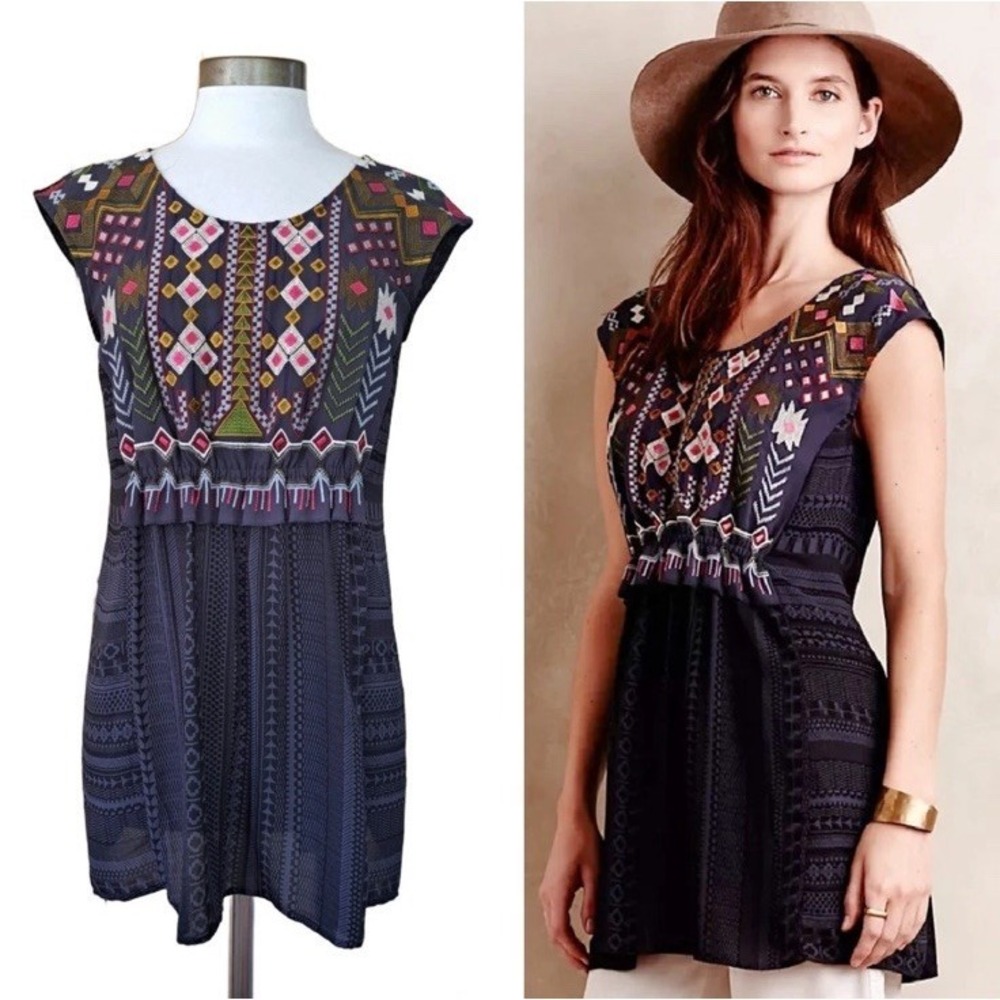 Anthropologie One September Tunic Embroidered Boho Aztec Gray Lightweight -‎ S
